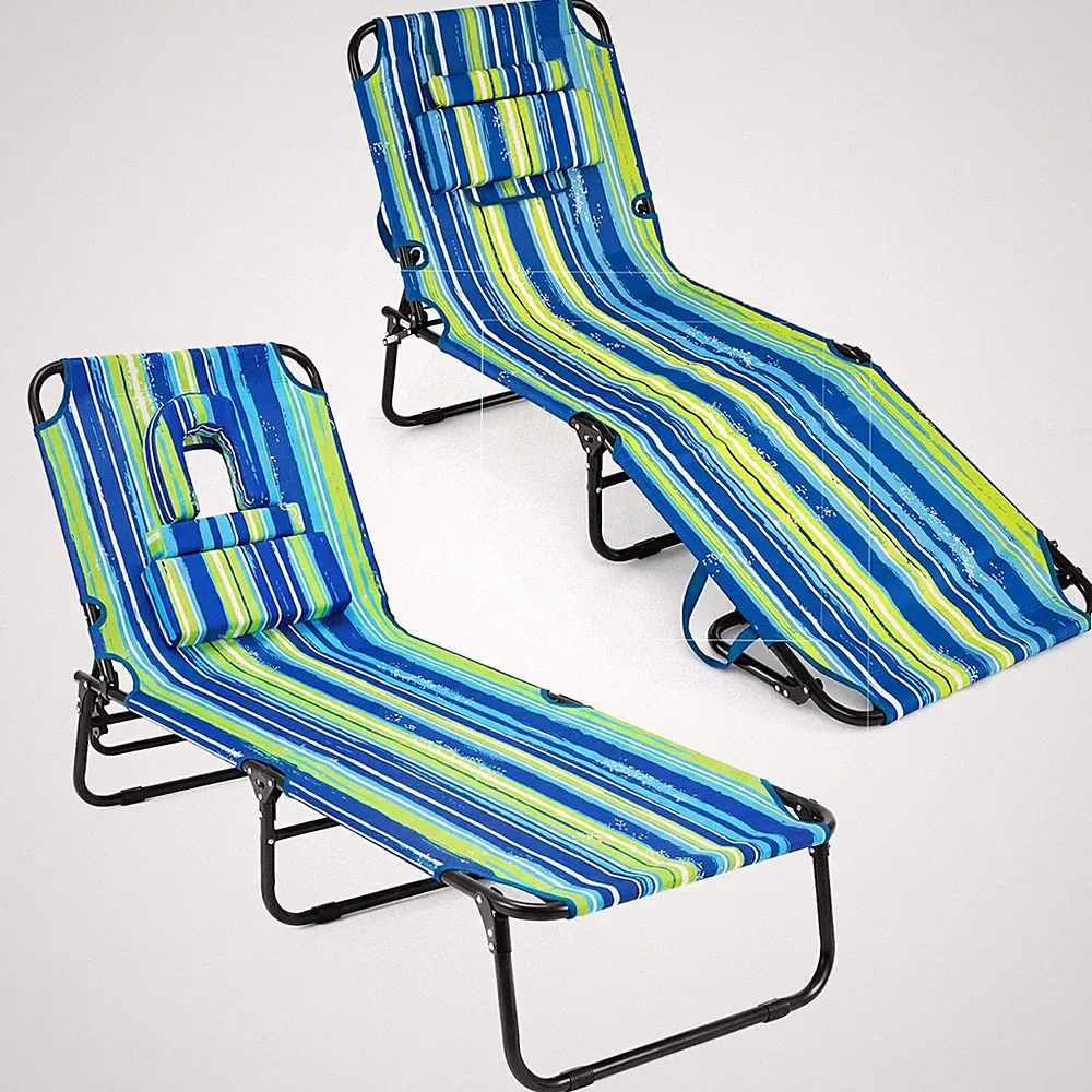 Chaise Lounge Beach Chair, Adjustable Beach Recliner w/Face Hole & Removable...