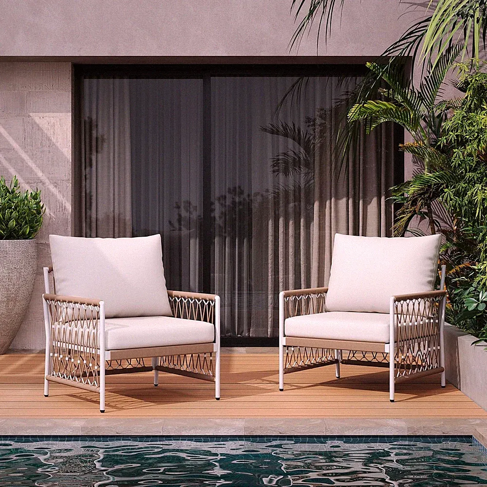 Evelyn Set of 2 Outdoor Lounge Chairs with Waterproof Cushions - Beige/Natural