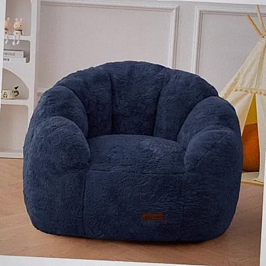 Kids Bean Bag Chair, Floral Shaped Bean Bag Sofa, Plush Faux Fur Toddler Navy