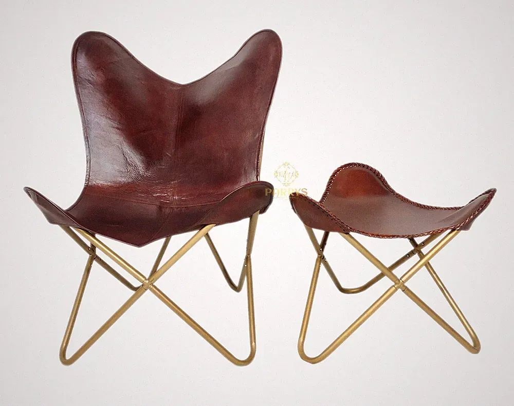 Leather Butterfly Chair & Footstool Set Handmade Folding Relax Lounge Armchair p