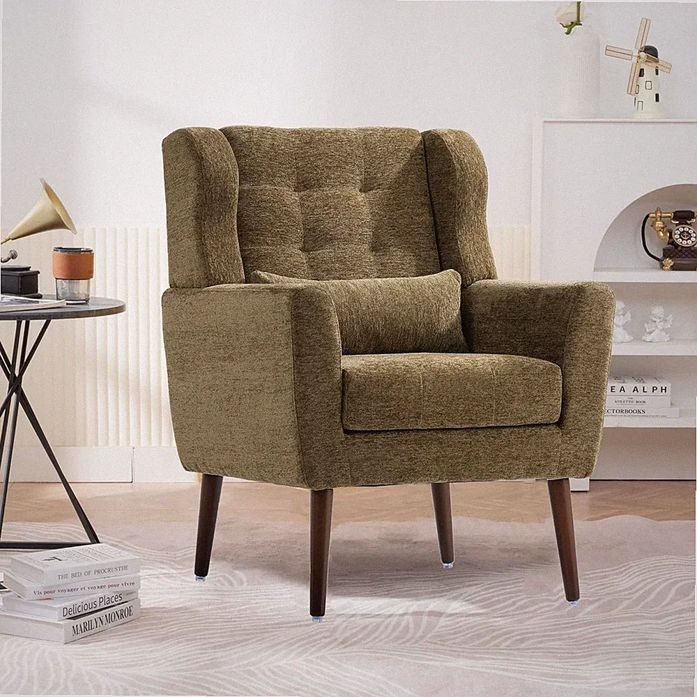 Olive Green Chenille Accent Chair with Pillow - Mid Century Lounge Chair
