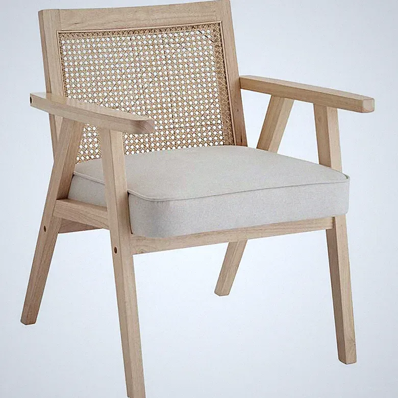 Zuma Rattan Accent Chair Natural Wood Boho Foldable Coastal Lounge Beige Fabric